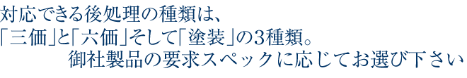 対応できる後処理の種類は、三価と六価そして塗装の3種類。御社製品の用途に合わせてお選びください。